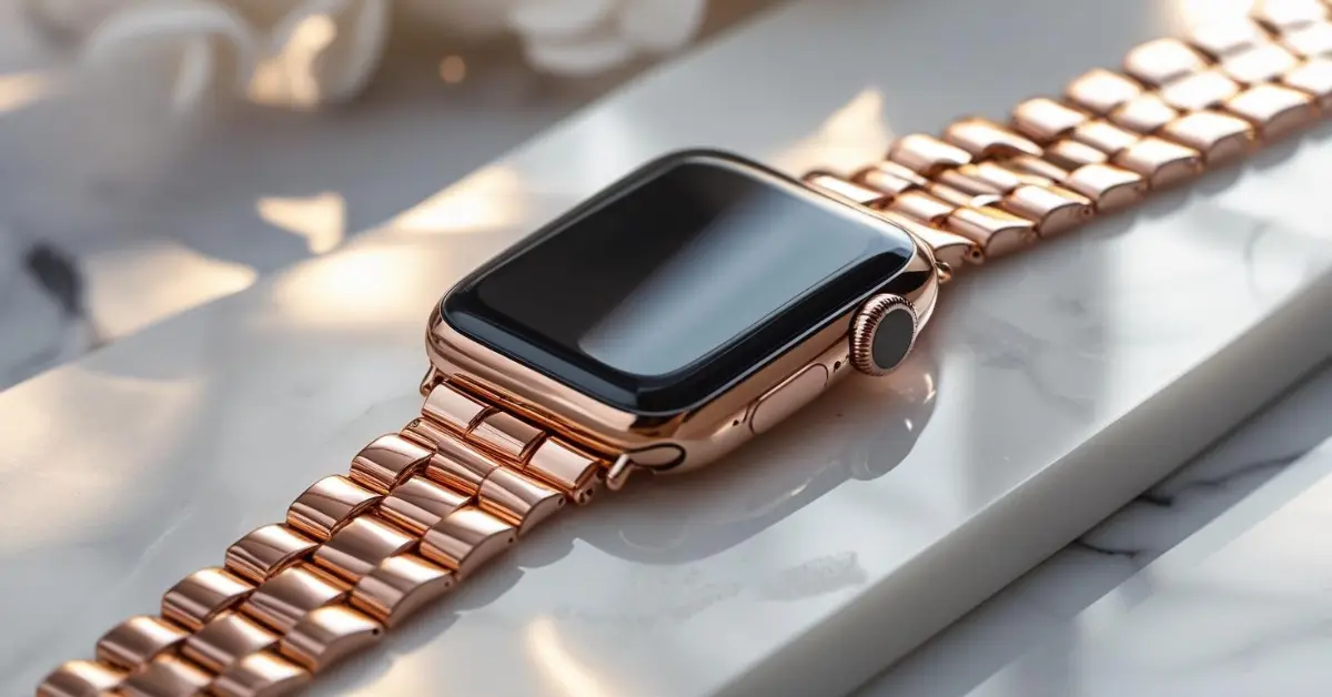 Gold stainless steel Apple Watch band with Milanese loop design