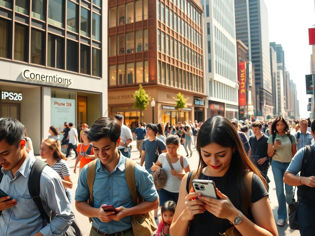 A bustling city street on a sunny day, with people going about their daily routines. In the foreground, a group of young professionals using their iPhones to manage their schedules, check emails, and make payments. In the middle ground, a family using their iPhone to navigate the city, take photos, and stream entertainment. In the background, office buildings and shops with subtle iOS26 branding and features integrated into their signage and displays. The scene is captured with a wide-angle lens, giving a sense of depth and immersion, and lit by warm, natural lighting that casts a sense of productivity and optimism.