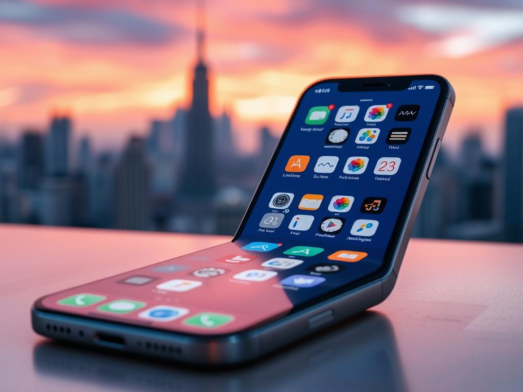 A detailed, high-resolution image of the latest iOS26 features displayed on the sleek, bezel-less screen of a modern iPhone. In the foreground, various app icons and UI elements showcase the cutting-edge functionality, from advanced AI-powered automation to seamless cross-device integration. The middle ground features a blurred, partially visible iPhone model, its elegant design and premium materials emphasized by the soft, warm lighting. In the background, a subtly blurred cityscape with towering skyscrapers and a vibrant, saturated sky conveys a sense of technological progress and innovation. The overall mood is one of excitement and anticipation, capturing the transformative impact of iOS26 on the lives of Indian iPhone users.