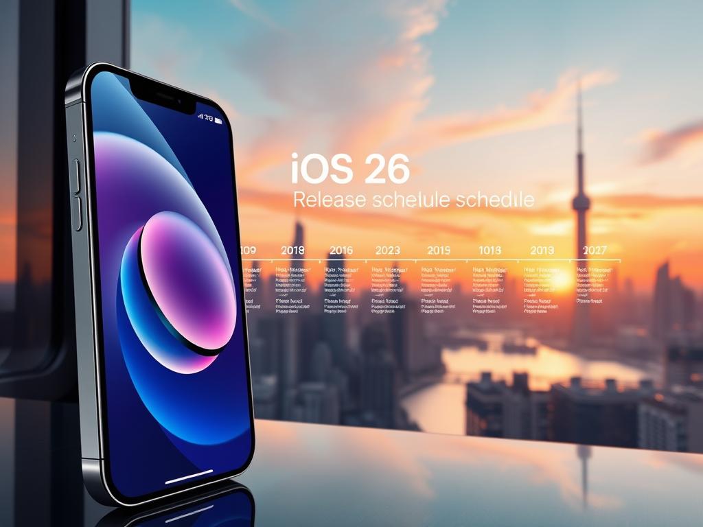 A high-quality, photorealistic image depicting the iOS26 release schedule. The foreground shows a sleek, silver iPhone 16 model with a stunning OLED display, showcasing the new iOS26 interface with its bold, minimalist design and intuitive user experience. The middle ground features a timeline of the iOS26 release schedule, with key dates and milestones highlighted in a clean, infographic-style layout. The background displays a serene, futuristic cityscape with towering skyscrapers and a vibrant, sunrise-inspired color palette, conveying a sense of progress and innovation. The image is captured with a wide-angle lens, creating a sense of depth and grandeur, and is lit with a warm, natural light that enhances the premium, high-tech aesthetic.