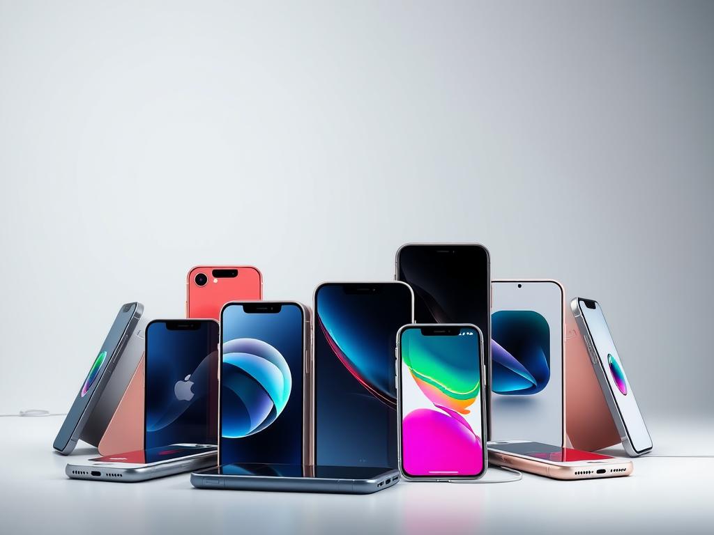A highly detailed and realistic image of various iPhone models, arranged in a visually appealing composition to showcase their compatibility. The iPhones are depicted in a clean, well-lit studio setting, with a soft, diffused lighting that accentuates their sleek design and vibrant colors. The models are positioned at different angles, some in the foreground, others in the middle ground, creating a sense of depth and hierarchy. The background is a neutral, minimalist backdrop, allowing the iPhones to be the focal point of the image. The overall mood is one of technological sophistication and visual harmony, conveying the idea of seamless compatibility across the iPhone product line.