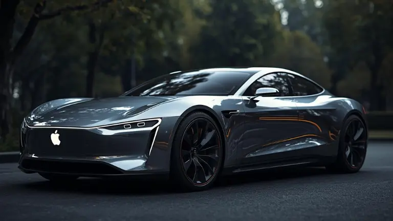 Realistic Apple Car 2025 concept design with Apple logo